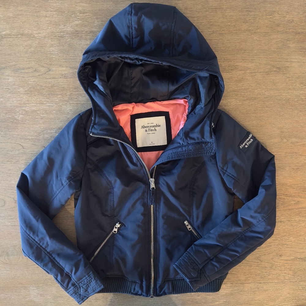 Abercombie & Fitch Girls Navy Puffer Jacket-Pink Lining-Insulated Full‎ Zip-Med